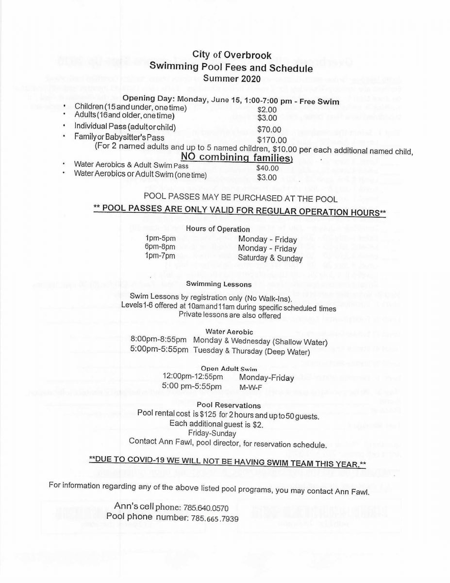 Swimming Pool Fees and Schedule 2020