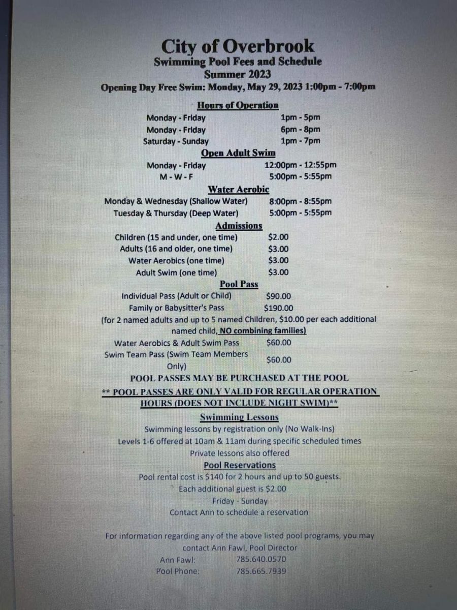 Swimming Pool Fees and Schedule